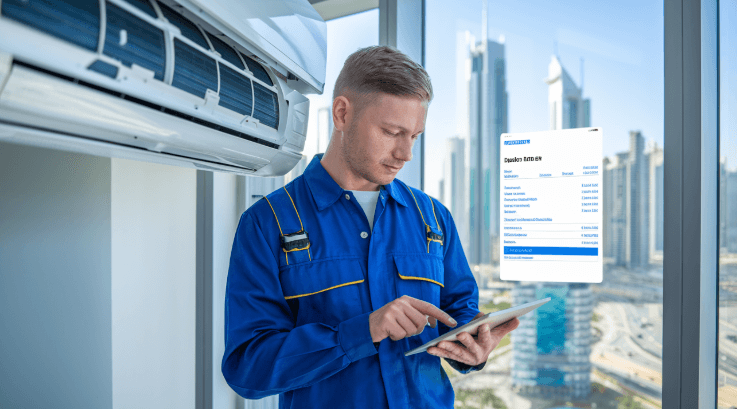 erson using calculator and documents to estimate AC maintenance costs in Dubai, planning affordable air conditioning service